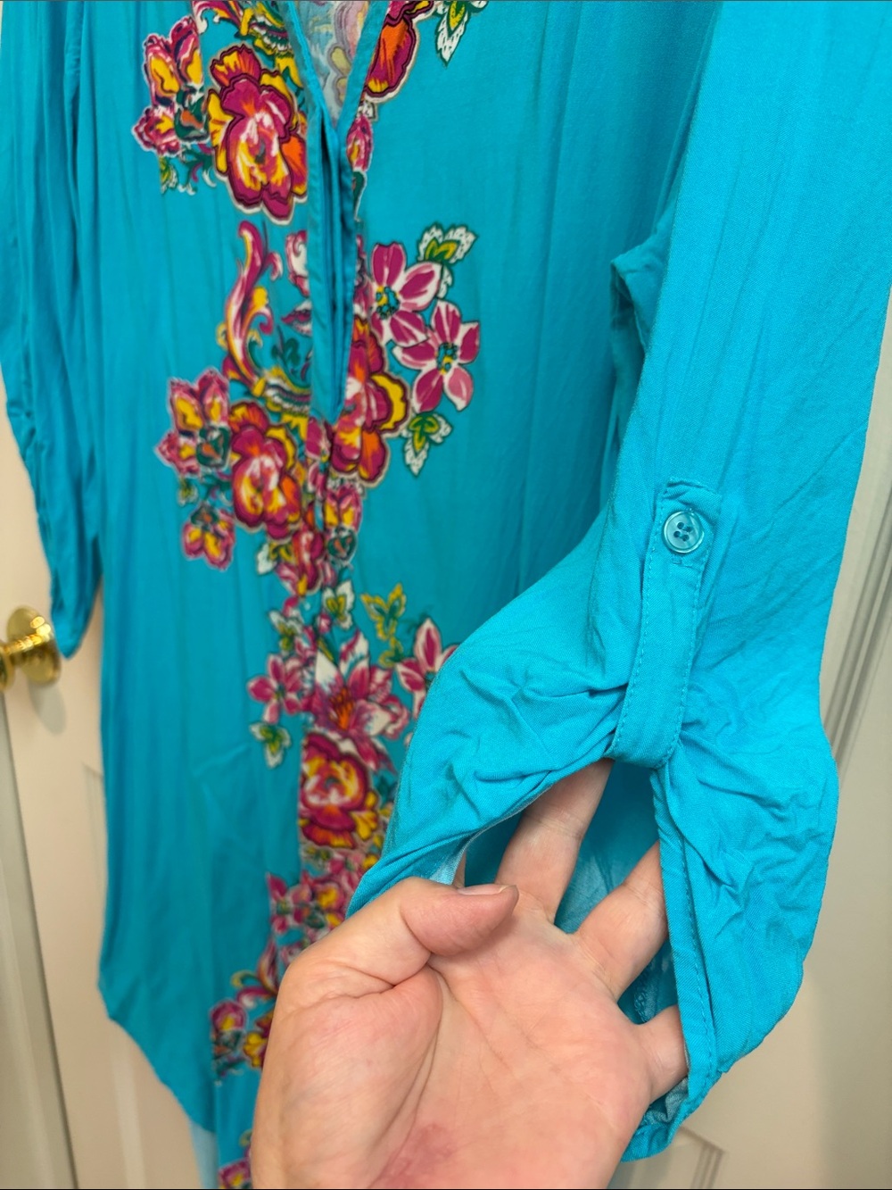 Turquoise Hawaiian Floral Print Tunic - Picture 5 of 10